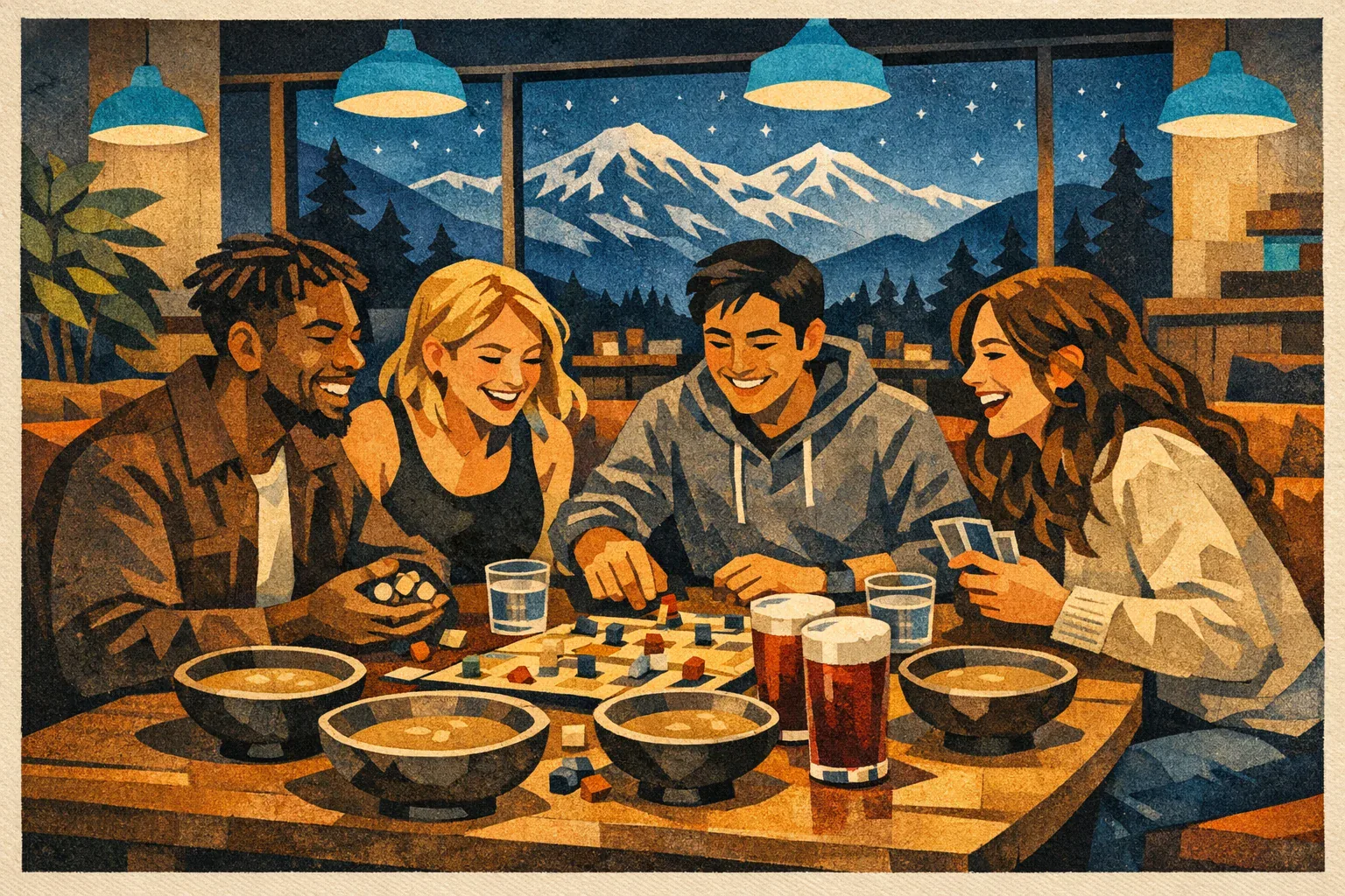 Illustration of adult friends playing a tabletop game with traditional kava shells, nitro tea, and water in a Colorado Springs lounge