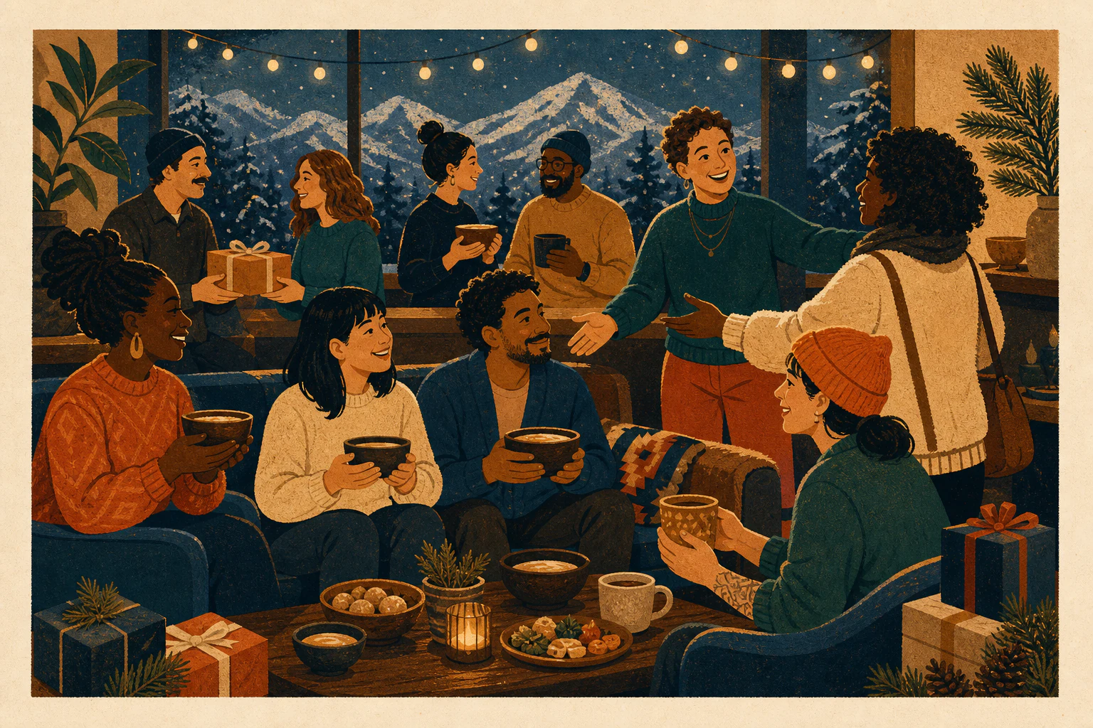 Illustration of an inclusive Colorado Springs holiday party with kava, festive alcohol-free drinks, gifts, warm lights, and snowy mountains