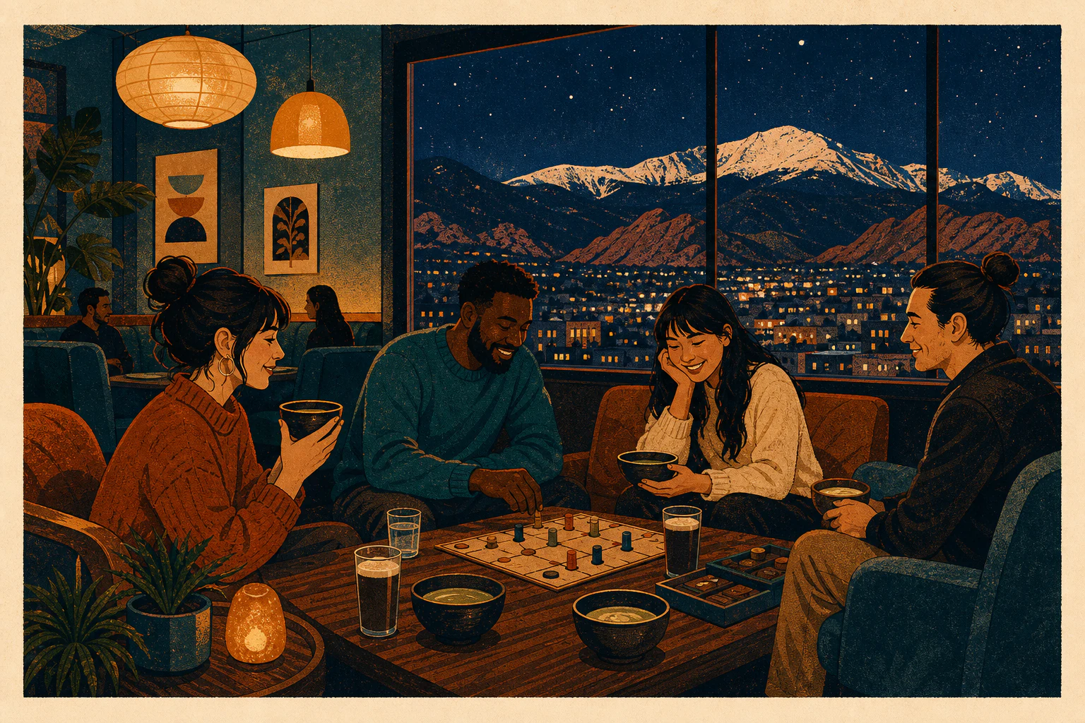 Illustration of friends relaxing in a warm Colorado Springs kava lounge at night with games, tea, and Pikes Peak outside