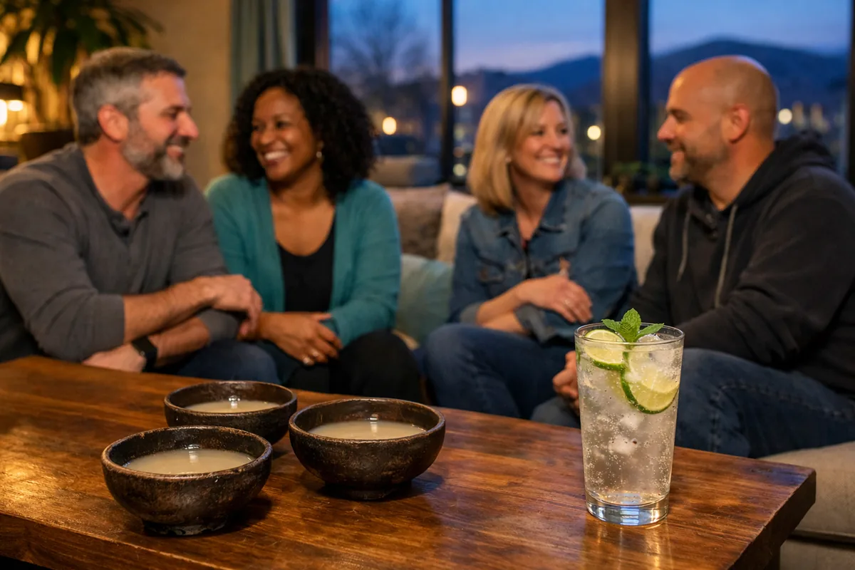 Friends sharing kava in an alcohol-free lounge setting